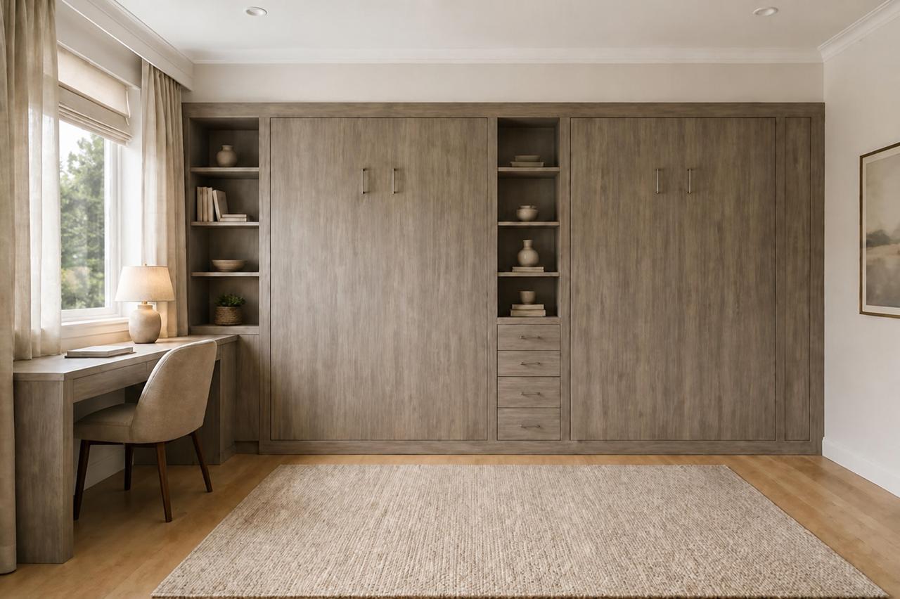 Two closed gray Murphy beds with a built-in desk, shelves, and drawers