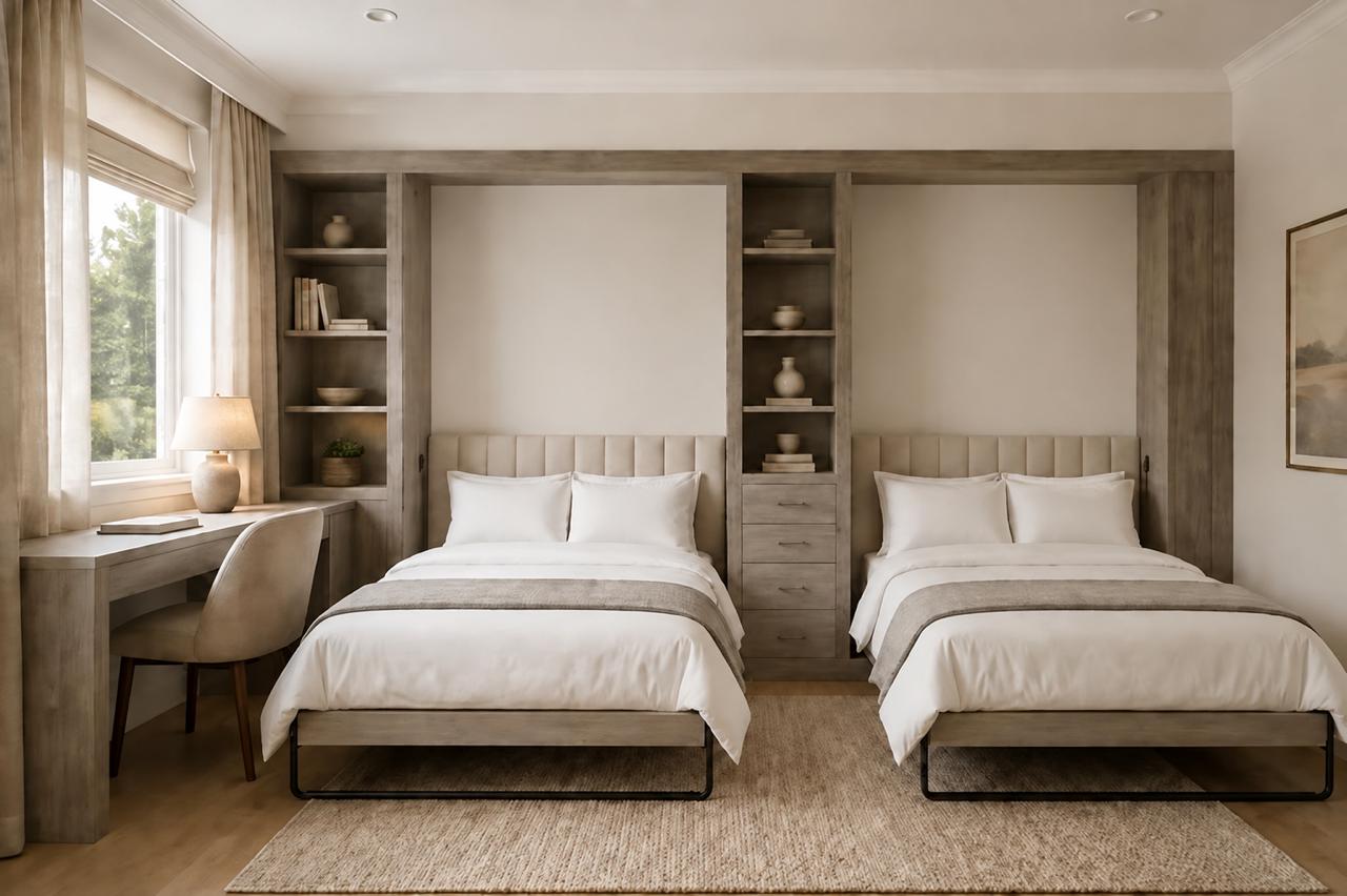 Two open gray Murphy beds with integrated shelving, drawers, and a desk