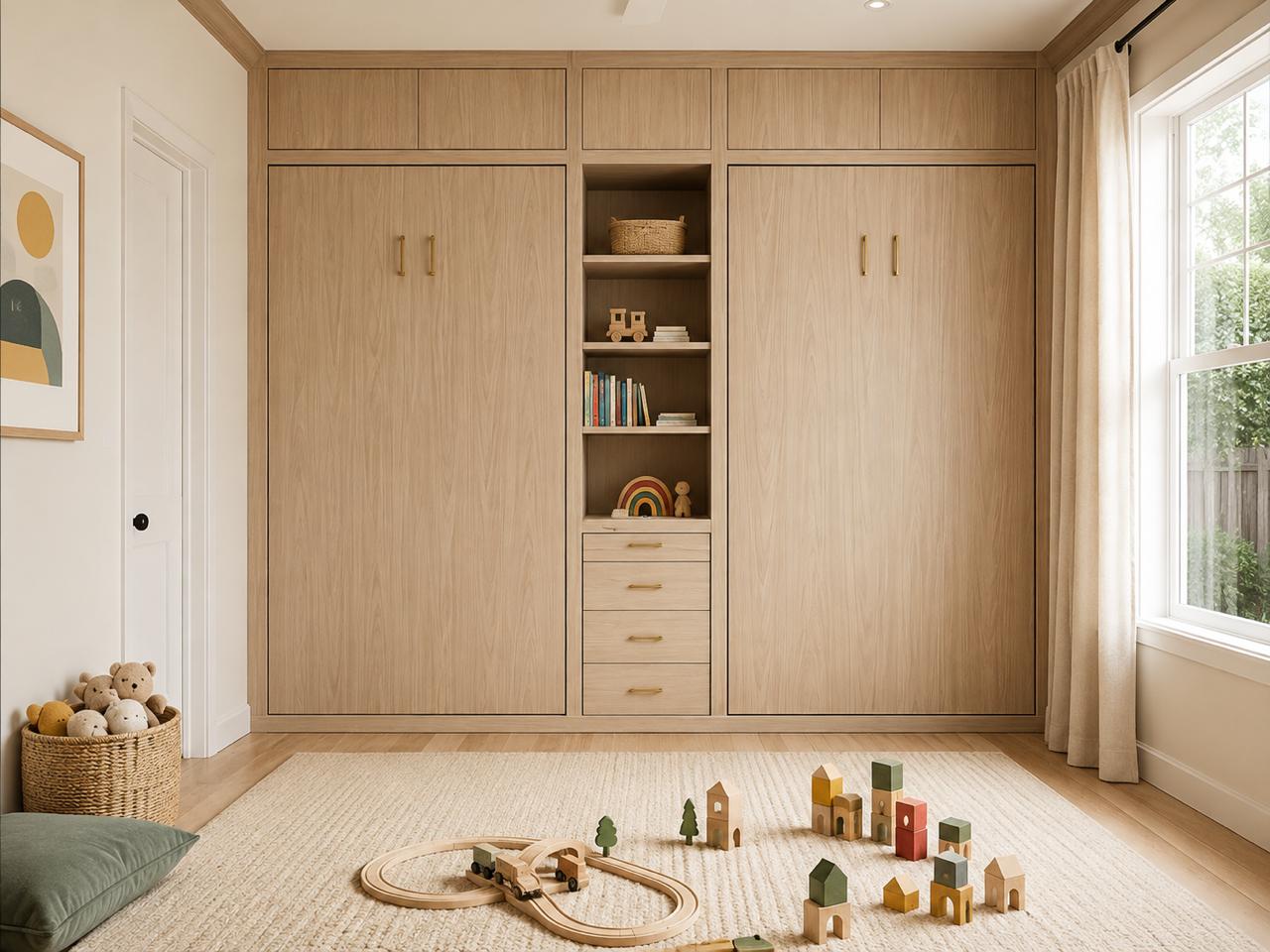 Two closed oak Murphy beds with central display shelves in a children’s room