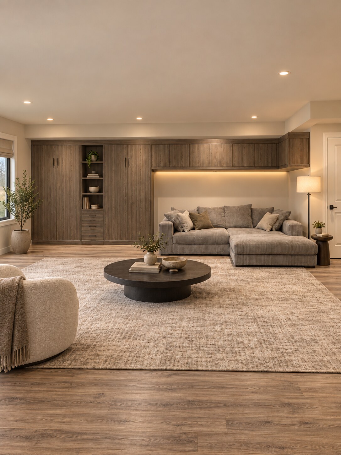 Closed dark-walnut Murphy bed wall with storage beside a sectional sofa