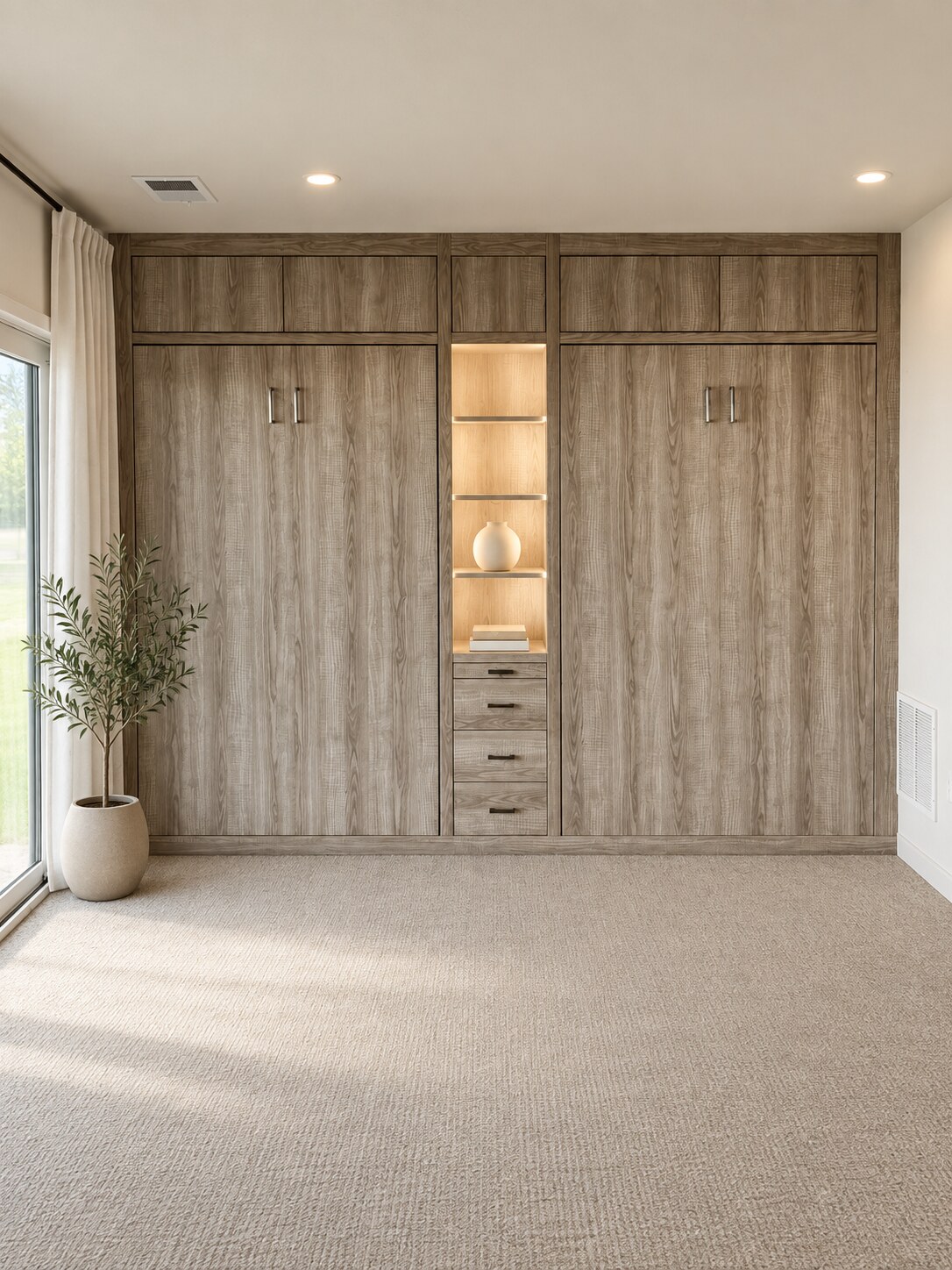 Two closed twin Murphy beds in weathered wood cabinetry with illuminated center shelving and drawers